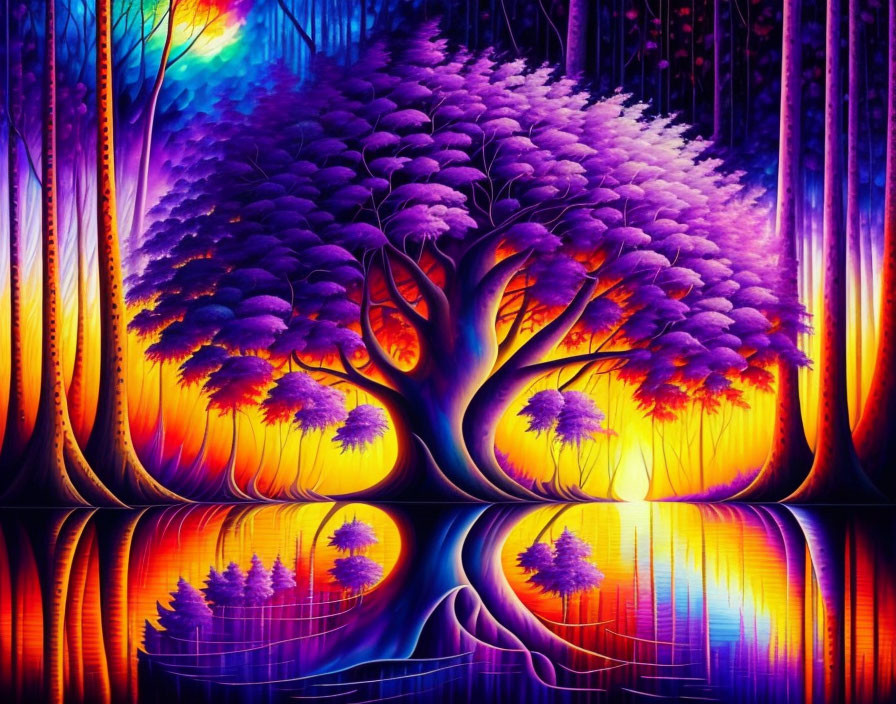 Colorful Painting: Purple Tree Reflection on Water with Fiery Background