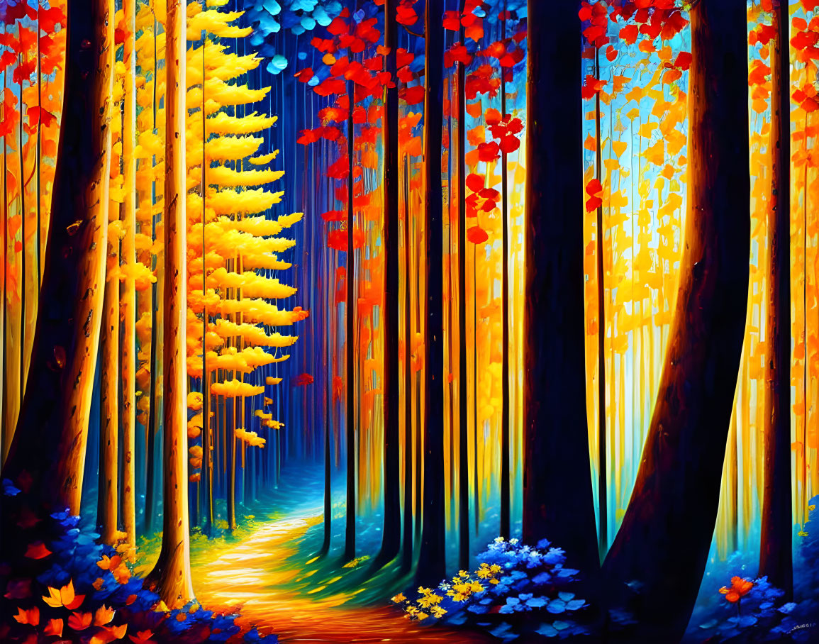 Colorful Forest Landscape with Dramatic Lighting and Winding Path