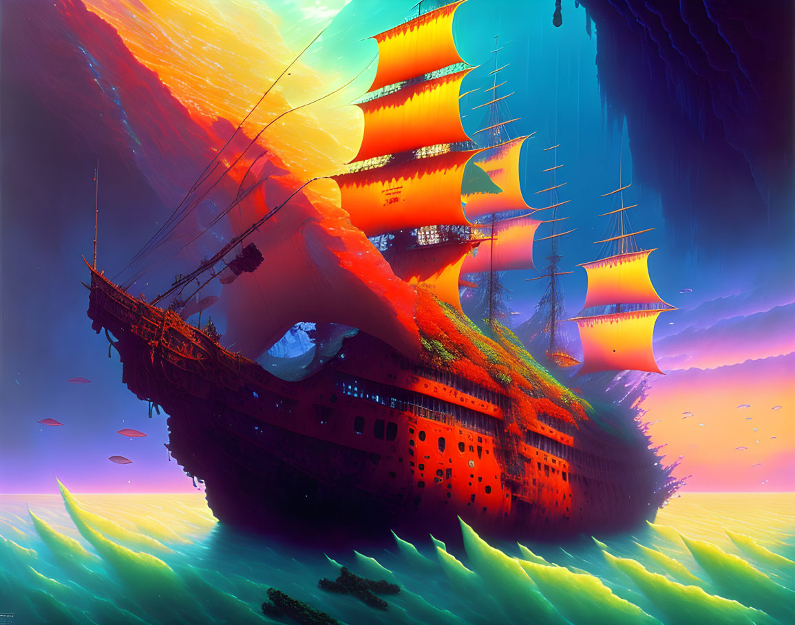 Colorful Digital Artwork: Large Sailboat with Red Sails on Multicolored Sky