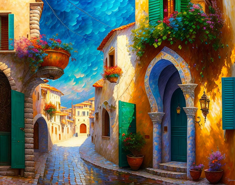 Colorful Mediterranean village cobblestone street painting