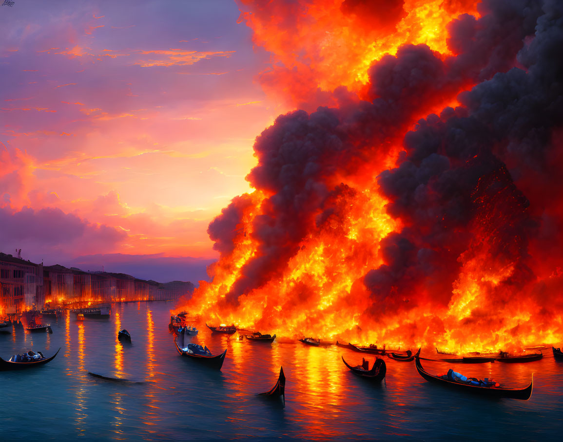 Intense waterfront fire with boats and smoky sky at sunrise or sunset