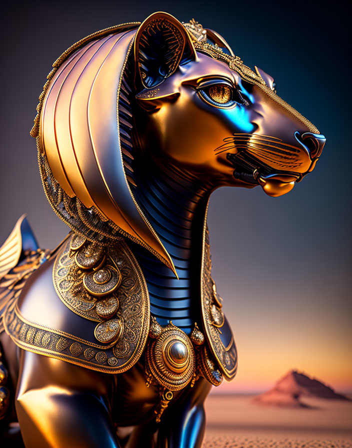 Detailed metallic Egyptian sphinx sculpture with cat-like face in desert setting with pyramids