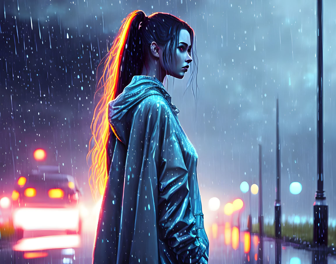 Woman with vibrant hair standing in night rain with car headlights in background