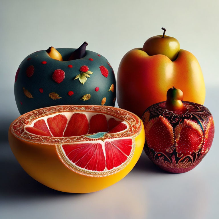 Vibrant fruit-themed decorative items with intricate patterns and vivid colors