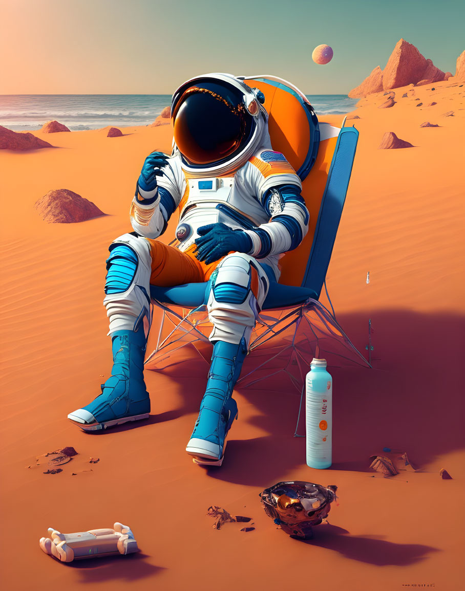 Astronaut relaxing on beach chair with drink, planets in sky