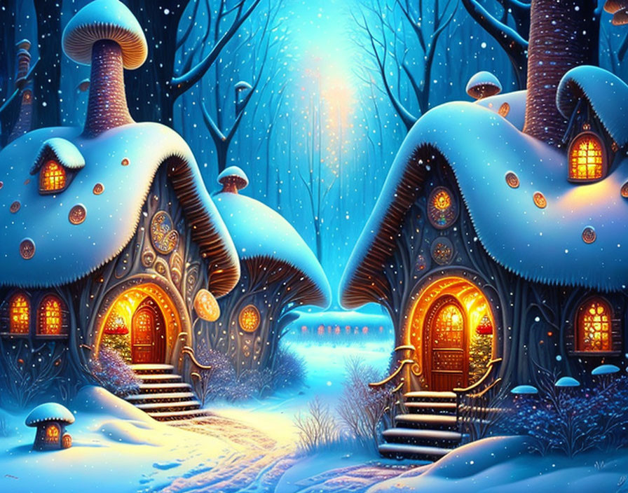 Enchanted forest scene: Glowing mushroom-shaped houses under starry sky