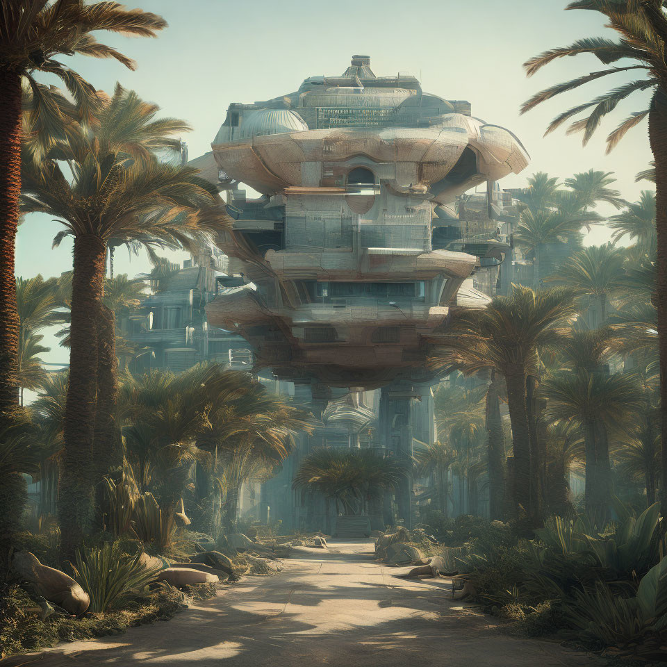 Futuristic floating structure with palm trees and ruins under hazy sky