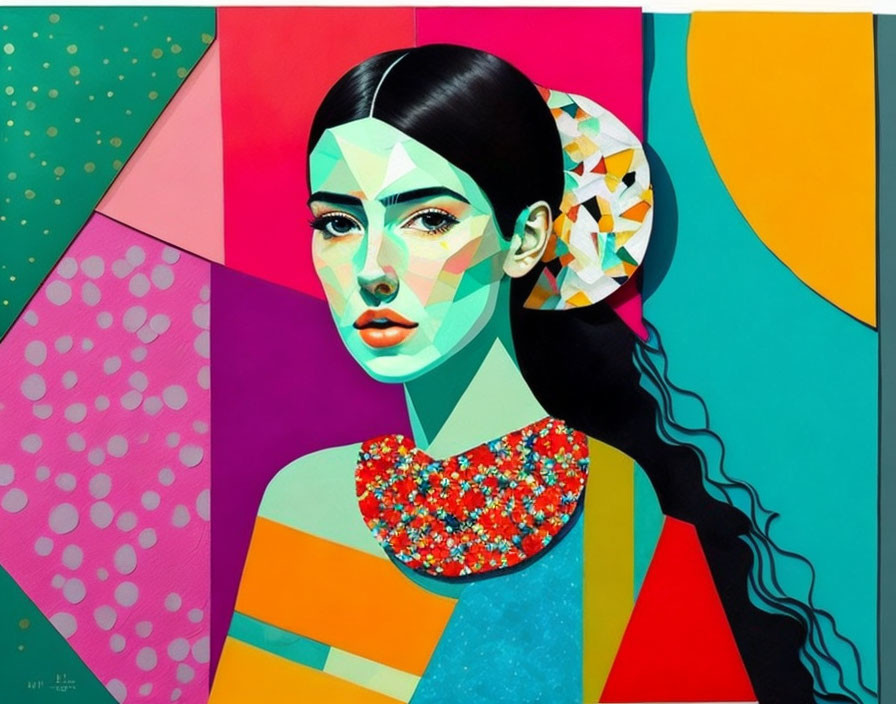 Vibrant geometric portrait of a faceted woman surrounded by colorful abstract shapes