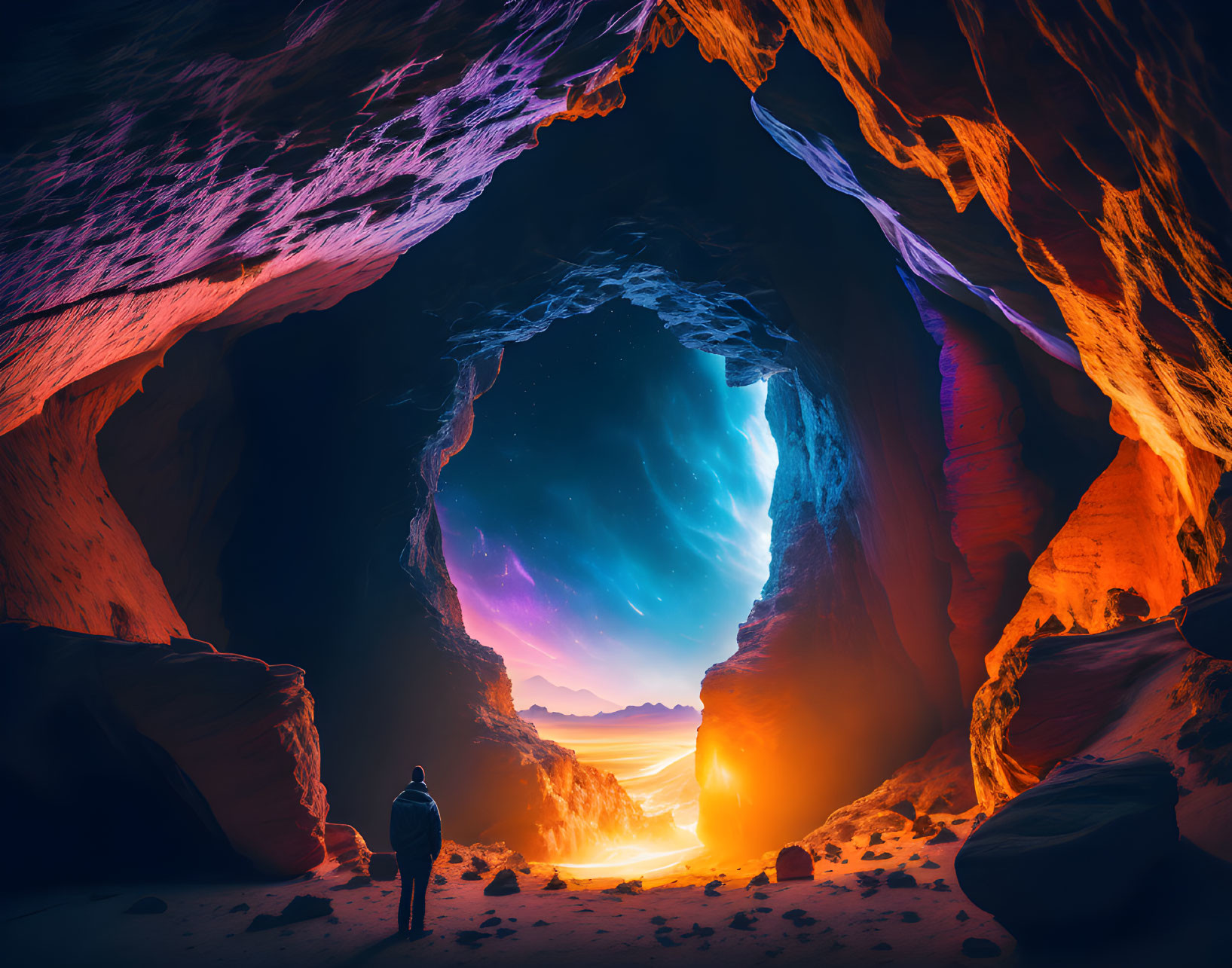 Person admires starry night sky and aurora from cave entrance