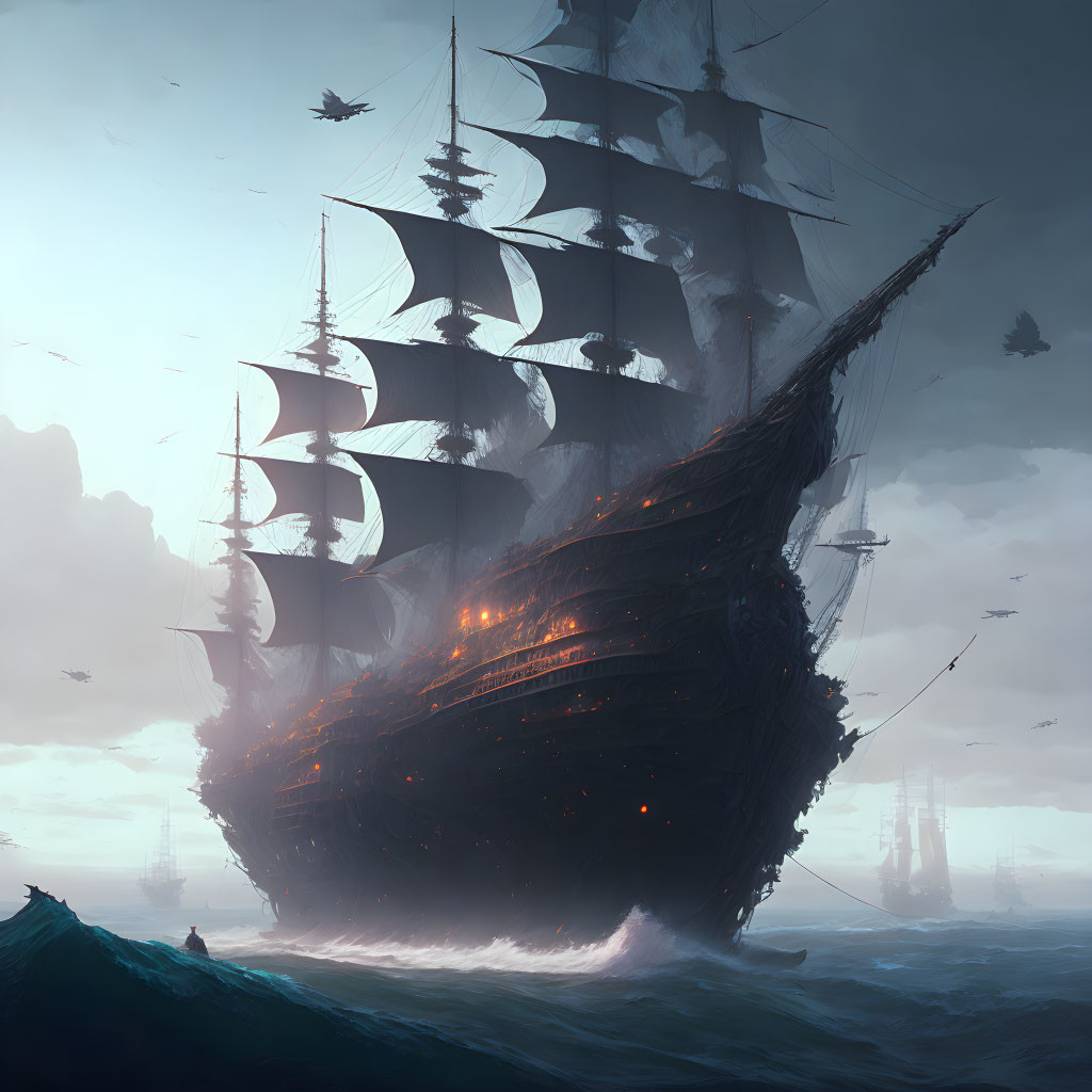 Majestic sailing ship with glowing hull in stormy seas