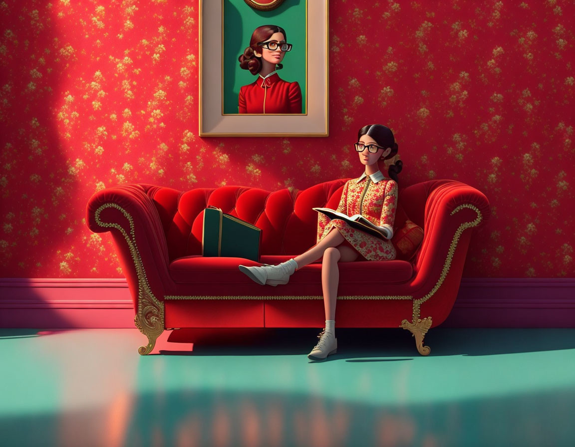 Girl reading book on red sofa in room with portrait and glossy floor