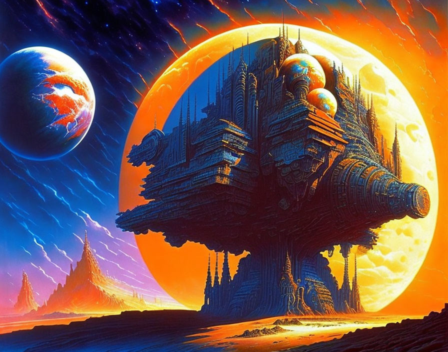 Intricately Designed Spaceship Over Alien Landscape