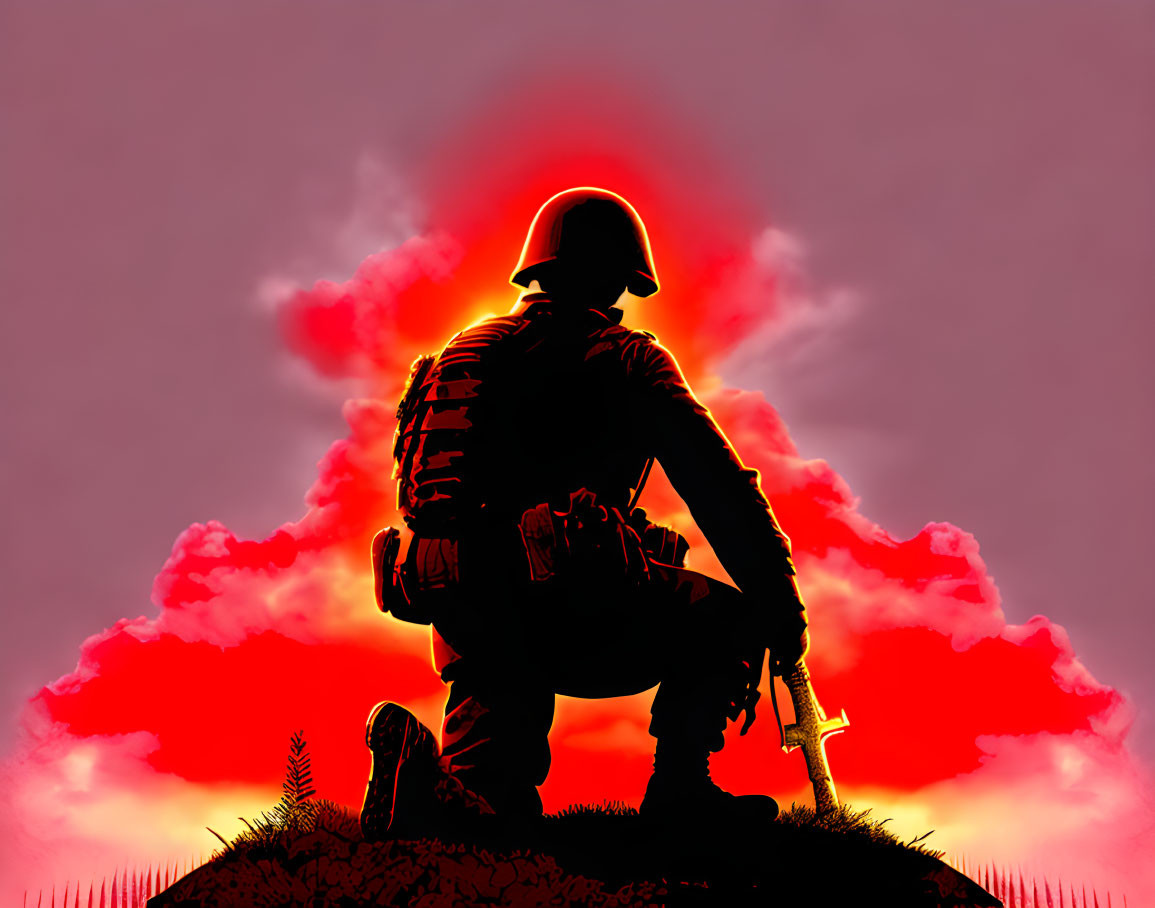 Soldier silhouette kneeling with rifle against red sky and clouds