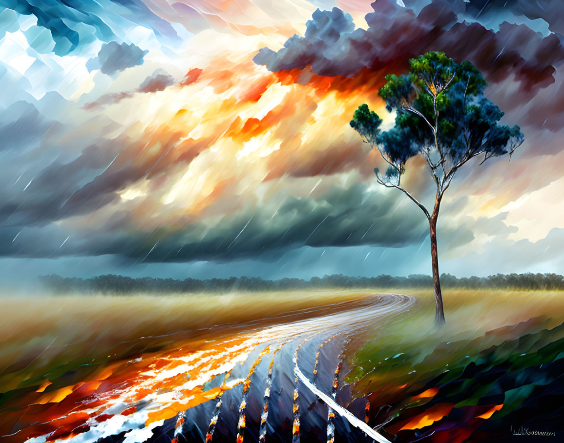 Scenic landscape: lone tree, winding road, fiery sunset sky.