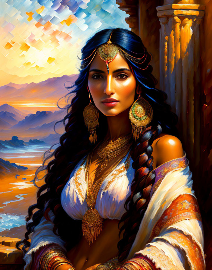 Portrait of Woman with Dark Hair and Blue Eyes in Desert Sunset Scene