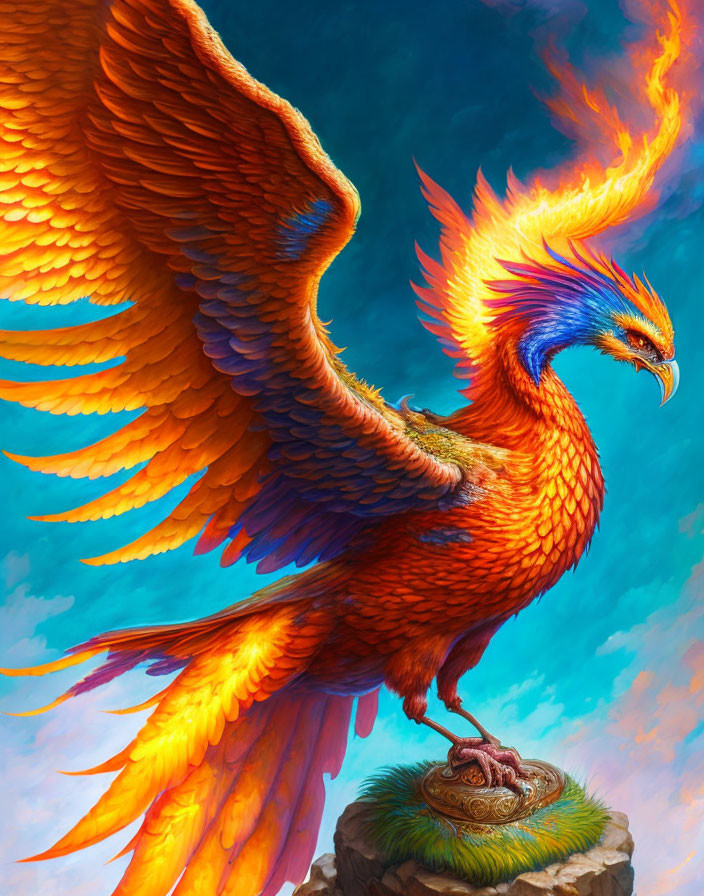 Colorful Phoenix Illustration with Fiery Wings and Flames