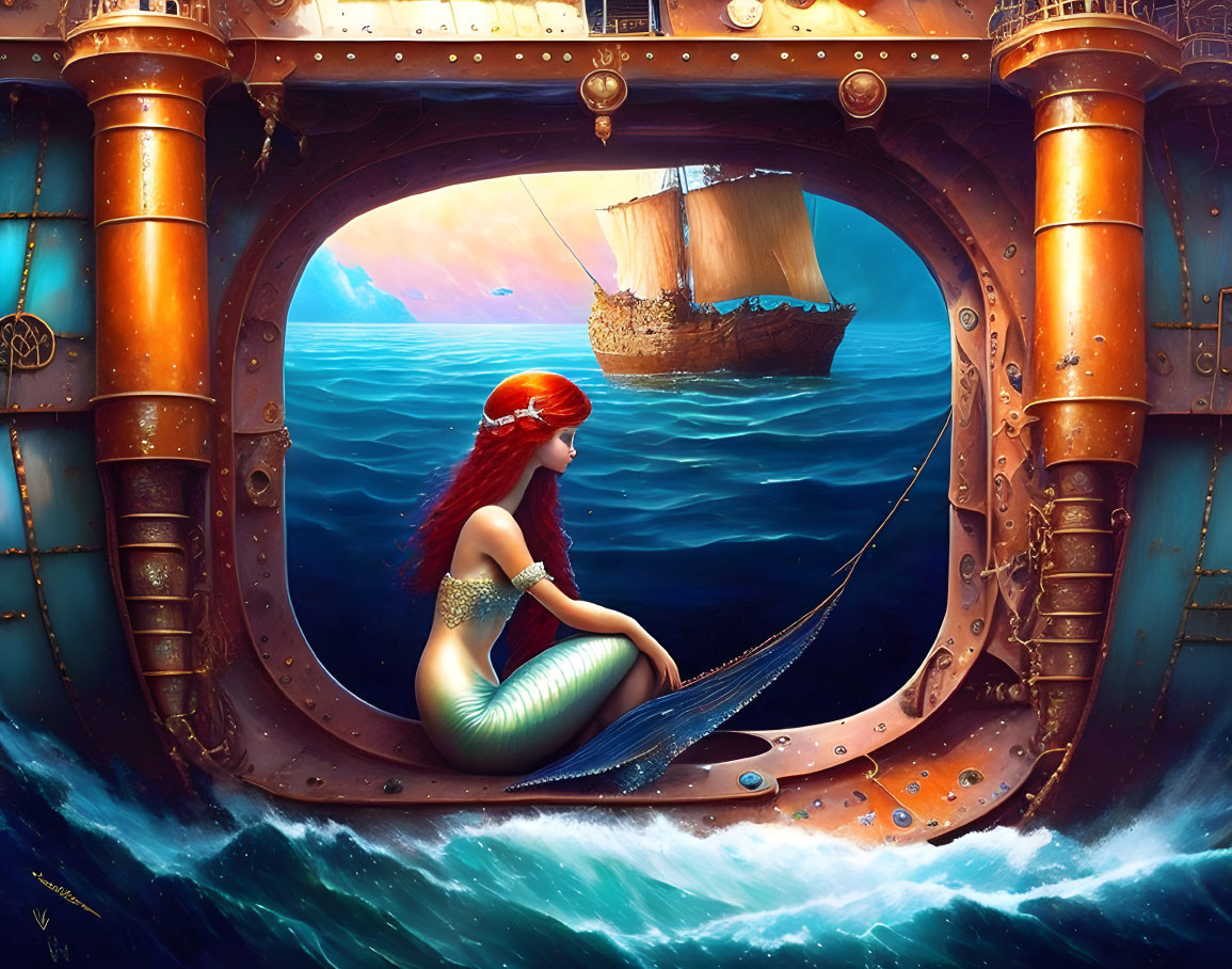 Mermaid by submarine window with distant ship in vibrant sky and sea