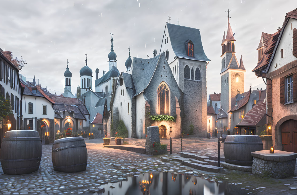 Medieval European town square with cobblestone streets, historic churches, and wooden barrels at dusk.