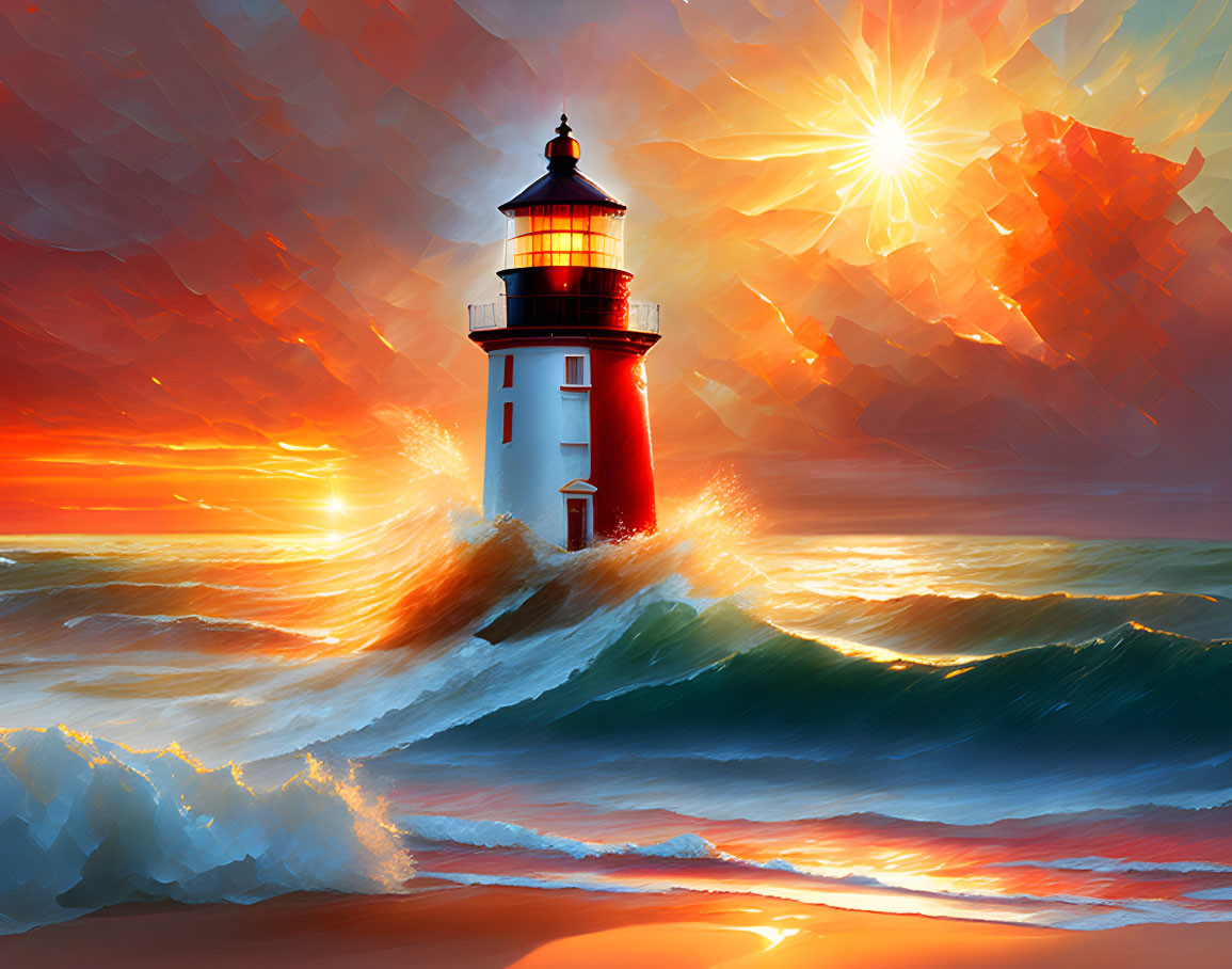 Red and white lighthouse in digital art with crashing waves and sunset