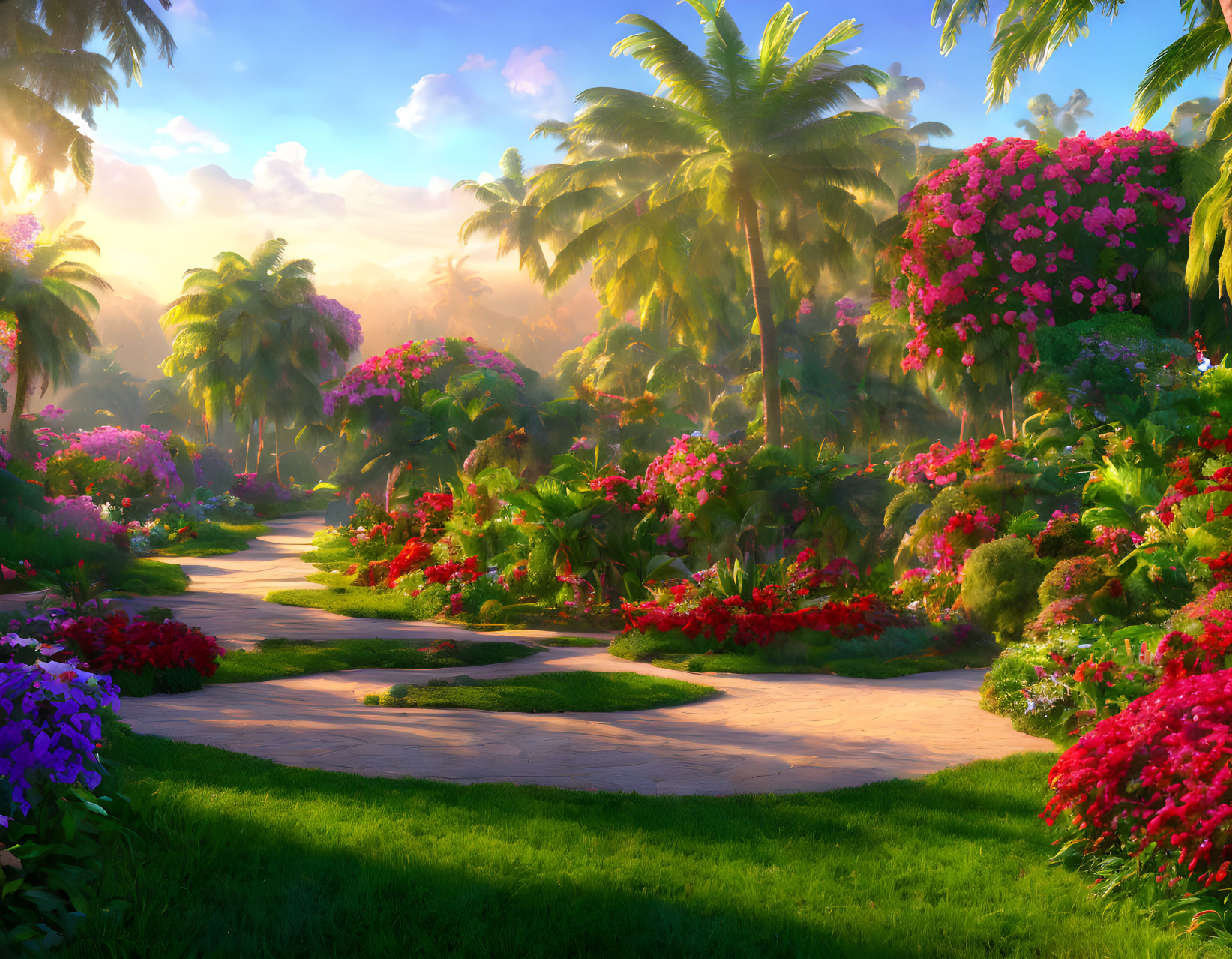 Vibrant garden path with lush blooms and palm trees at sunset