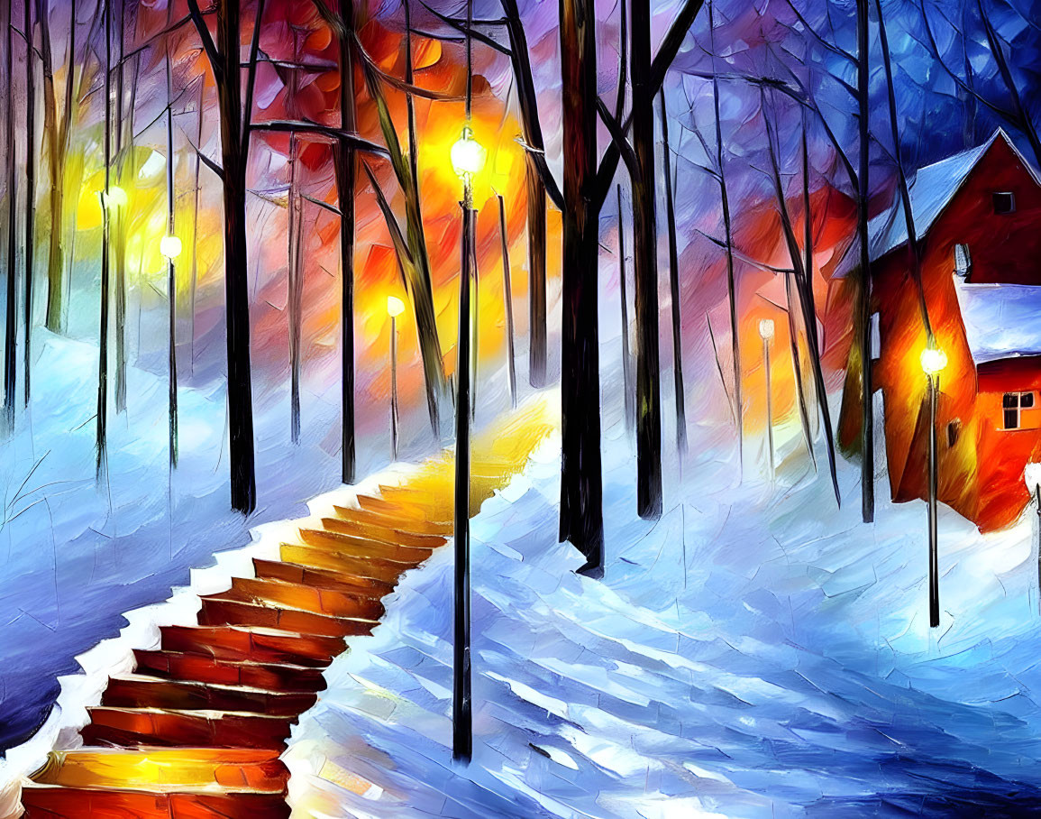 Snowy Scene Painting: Vibrant Winter Landscape with Cozy Red House, Street Lamps, &