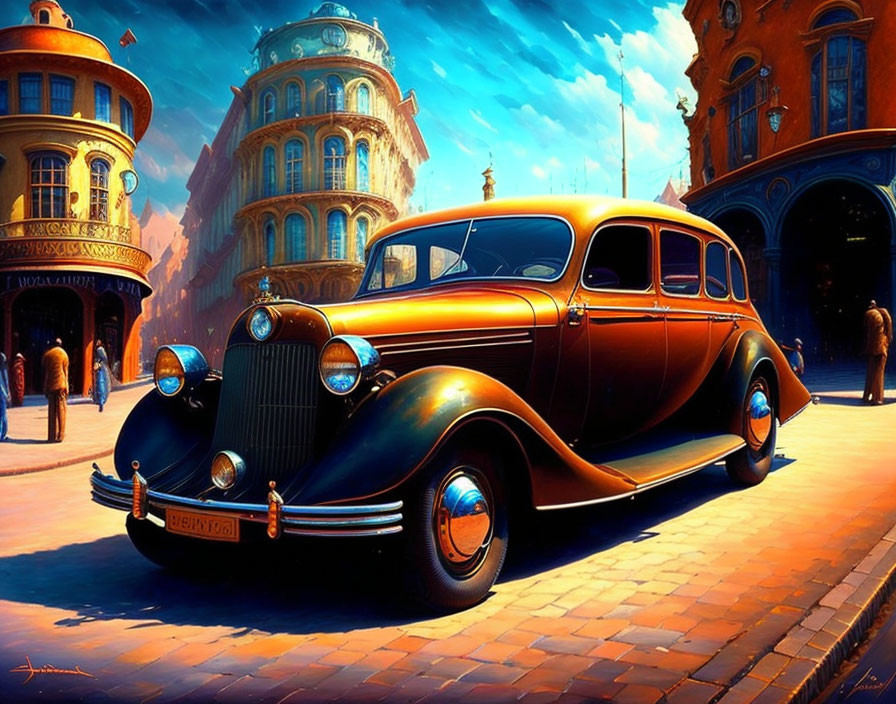 Vintage car on cobblestone street amidst colorful cityscape