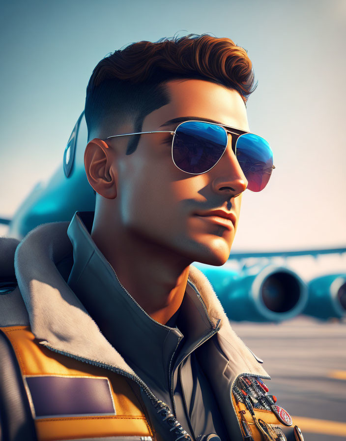 Digital illustration: Man with slicked-back hair, aviator sunglasses, and bomber jacket posing in front