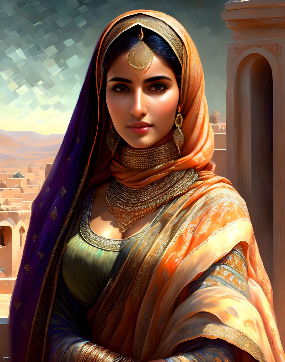 Illustration of woman in orange and purple traditional attire with gold jewelry against architectural backdrop