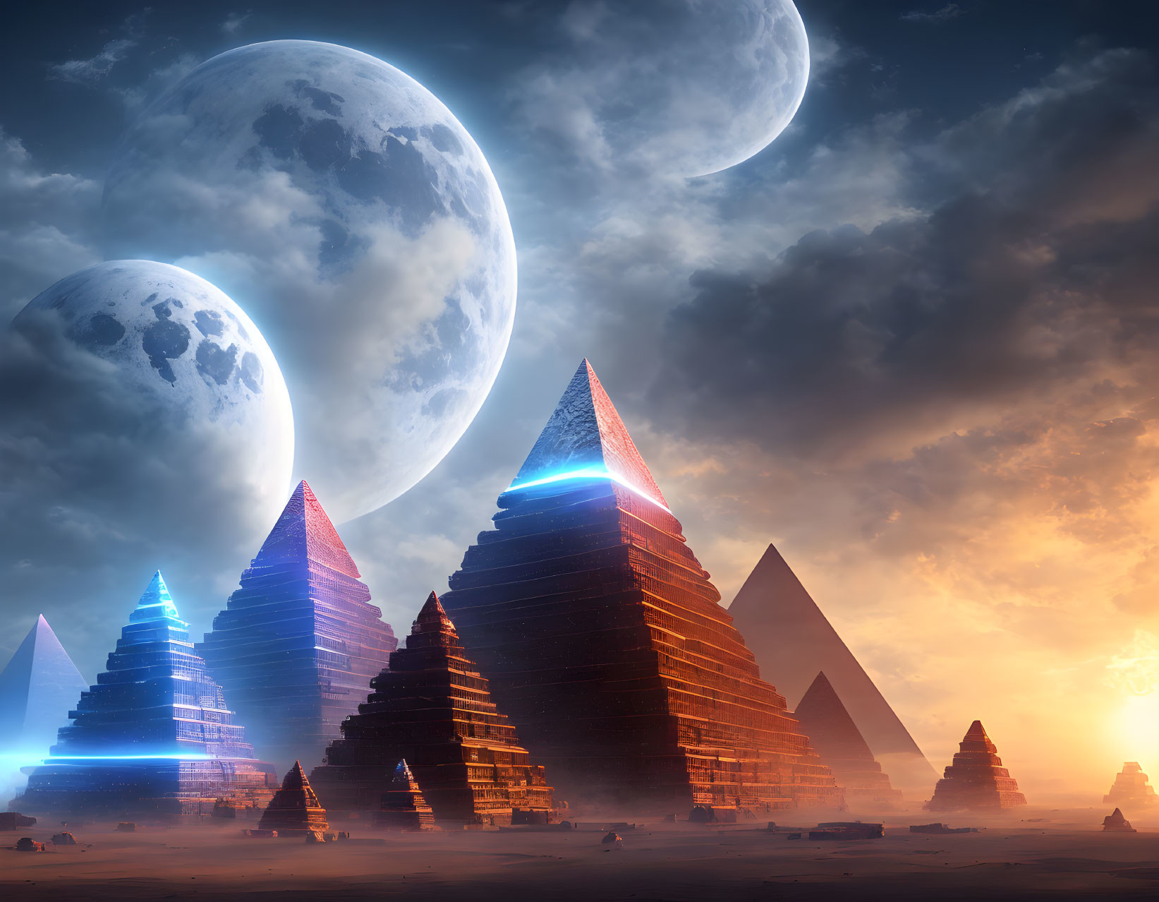 Futuristic glowing pyramids under two large moons at sunset in an alien desert landscape