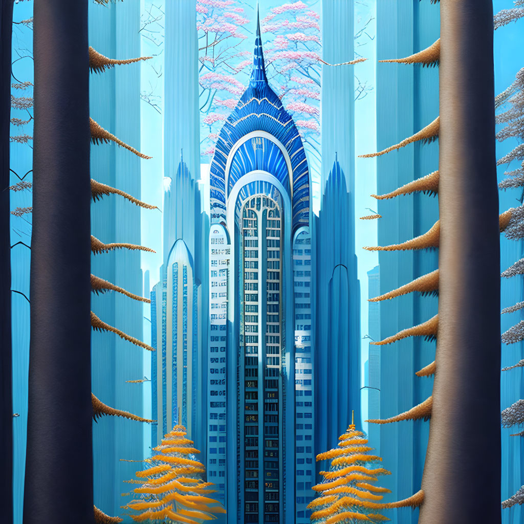 Futuristic cityscape with sleek skyscrapers and pink-hued flora