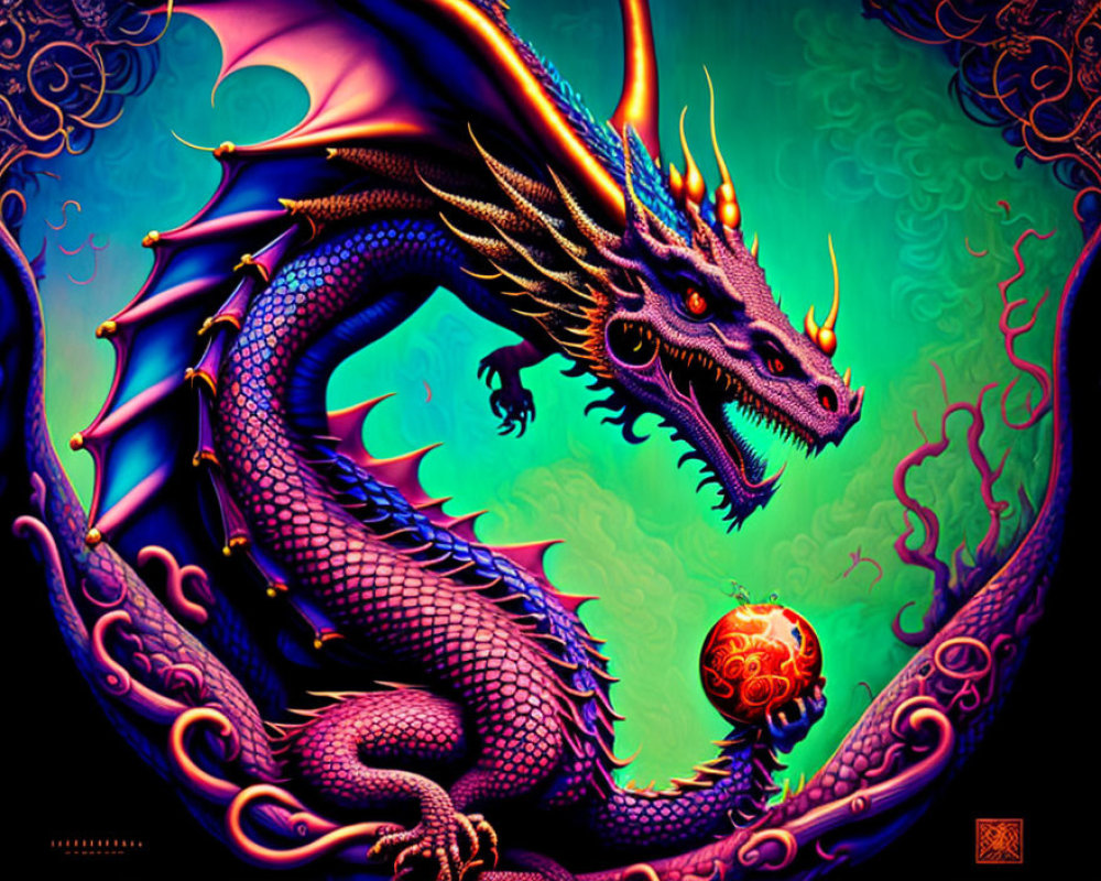 Majestic dragon artwork with vibrant colors and mystical orb on swirling backdrop