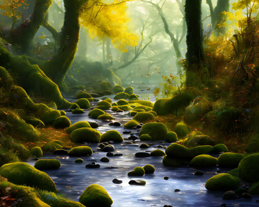 Tranquil stream in moss-covered forest under autumn light