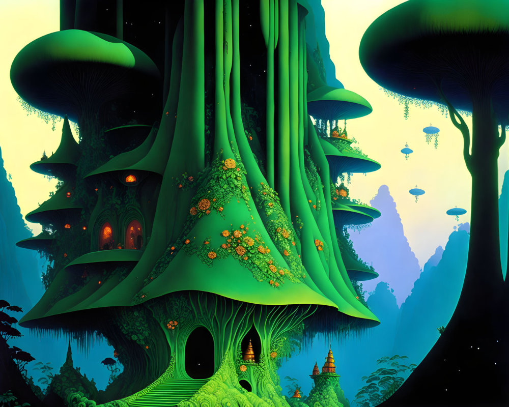 Vibrant forest with towering mushroom-like trees and floating islands