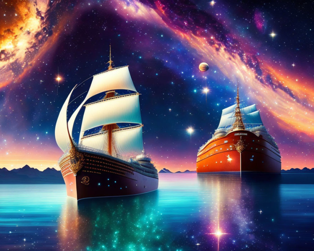 Tall ships on tranquil sea under cosmic sky