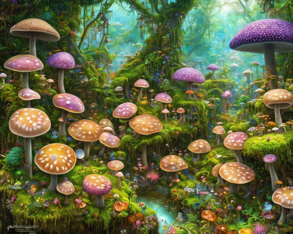 Colorful Oversized Mushroom Forest Fantasy Scene