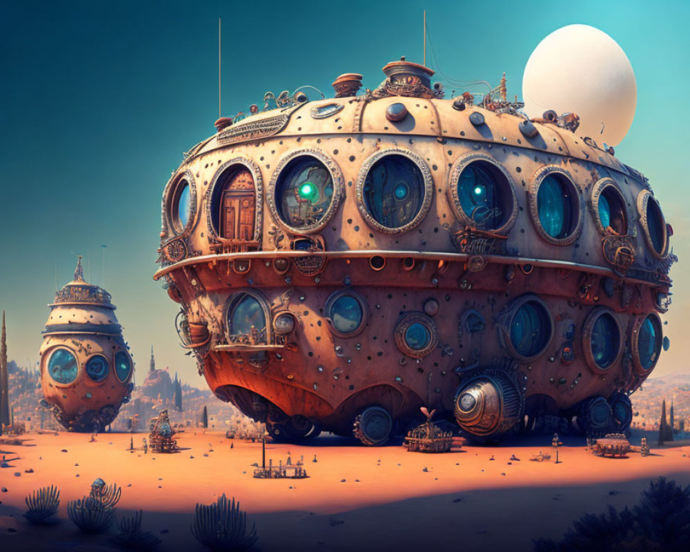 Futuristic spherical structures in desert landscape with portholes