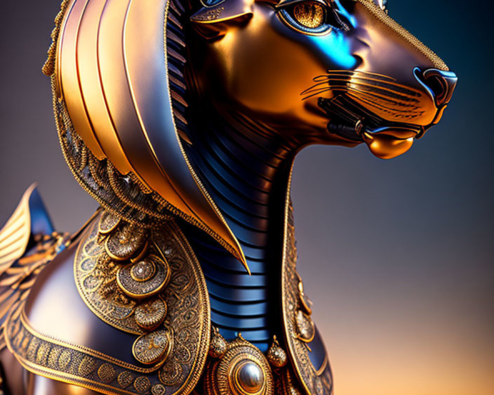 Detailed metallic Egyptian sphinx sculpture with cat-like face in desert setting with pyramids