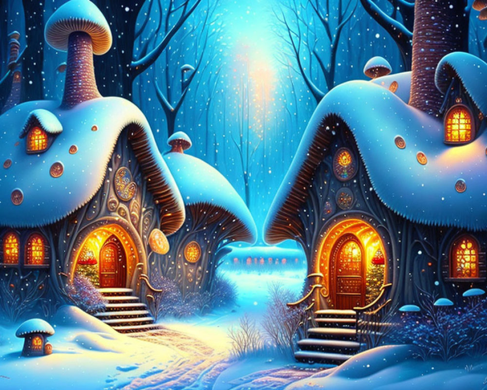 Enchanted forest scene: Glowing mushroom-shaped houses under starry sky