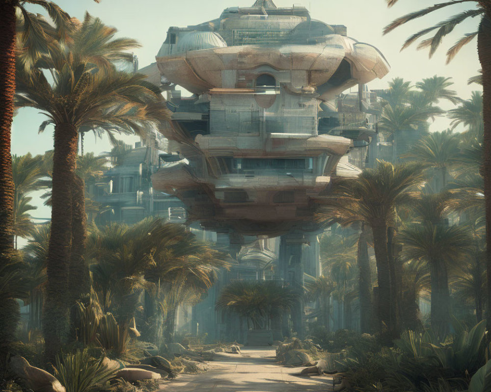 Futuristic floating structure with palm trees and ruins under hazy sky