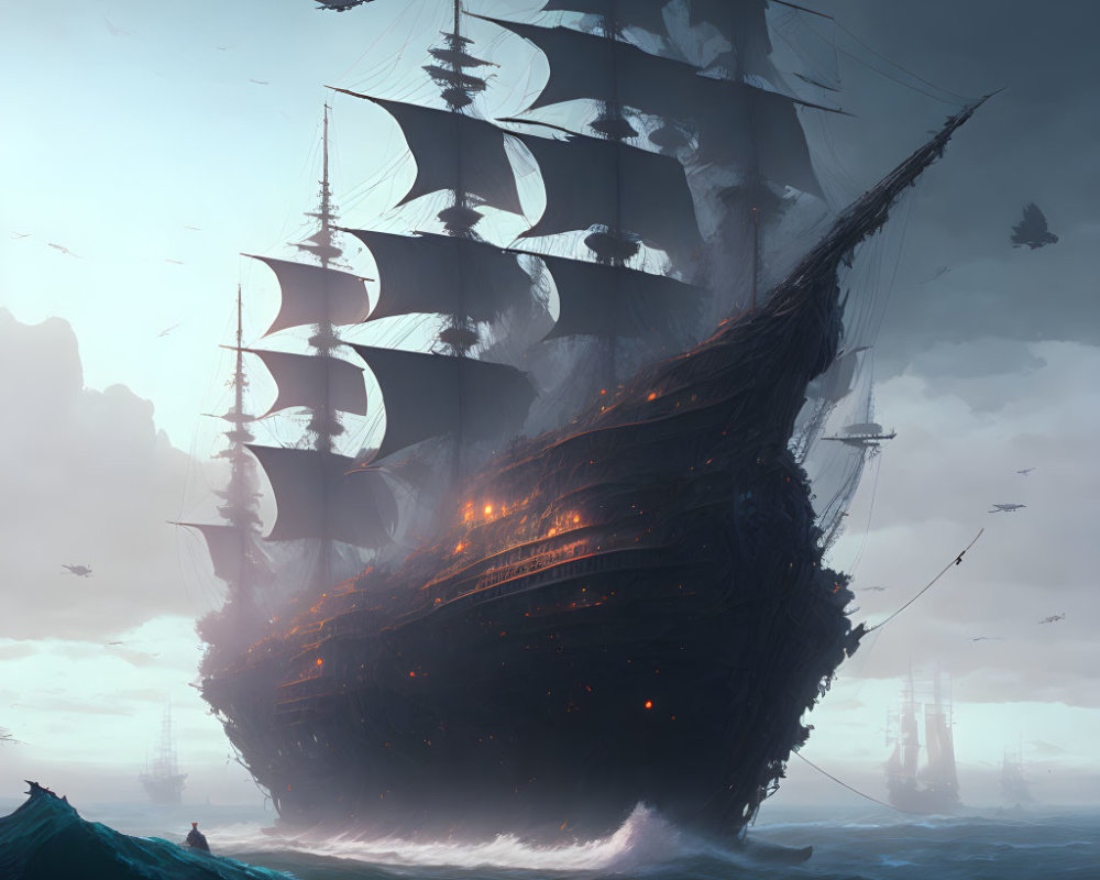 Majestic sailing ship with glowing hull in stormy seas