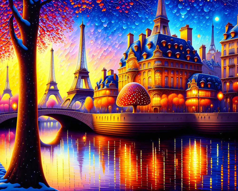 Fantasy riverside city with colorful buildings and starry night sky