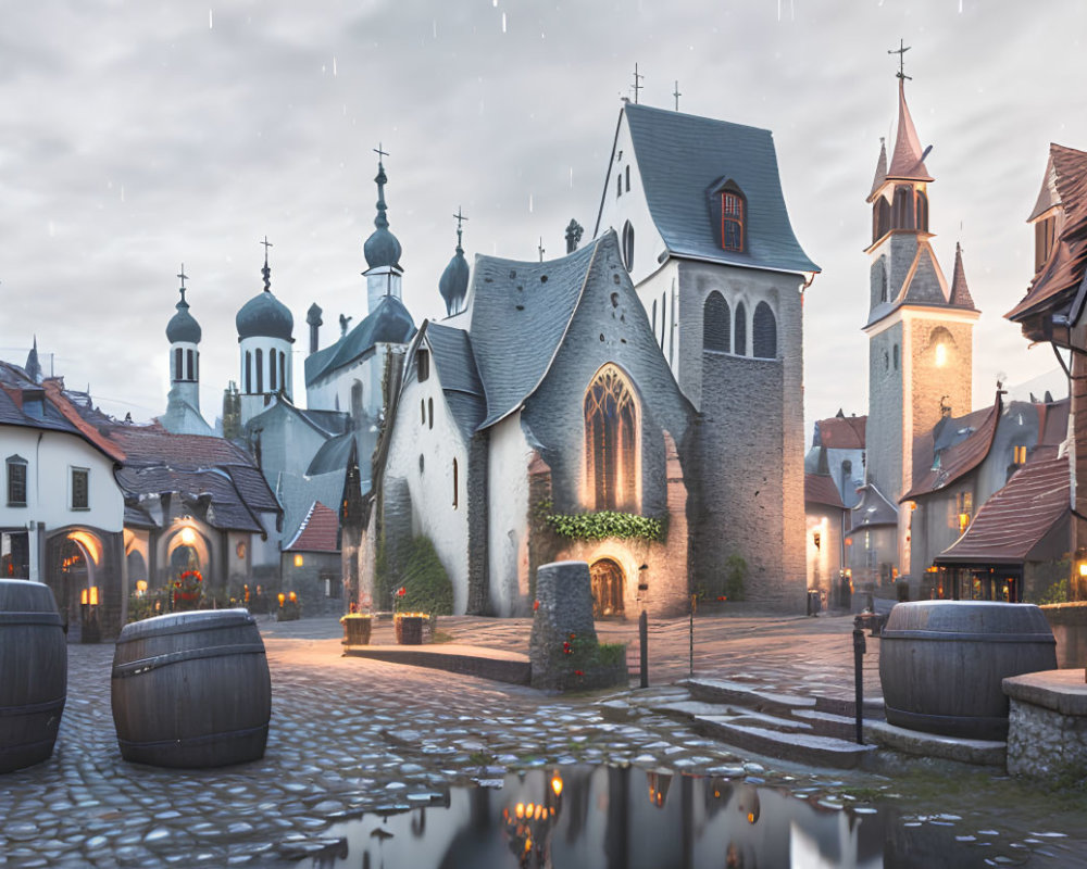 Medieval European town square with cobblestone streets, historic churches, and wooden barrels at dusk.