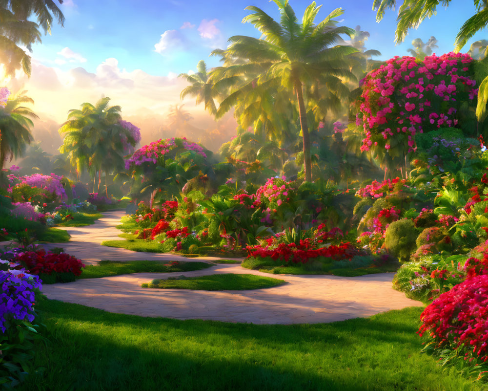 Vibrant garden path with lush blooms and palm trees at sunset