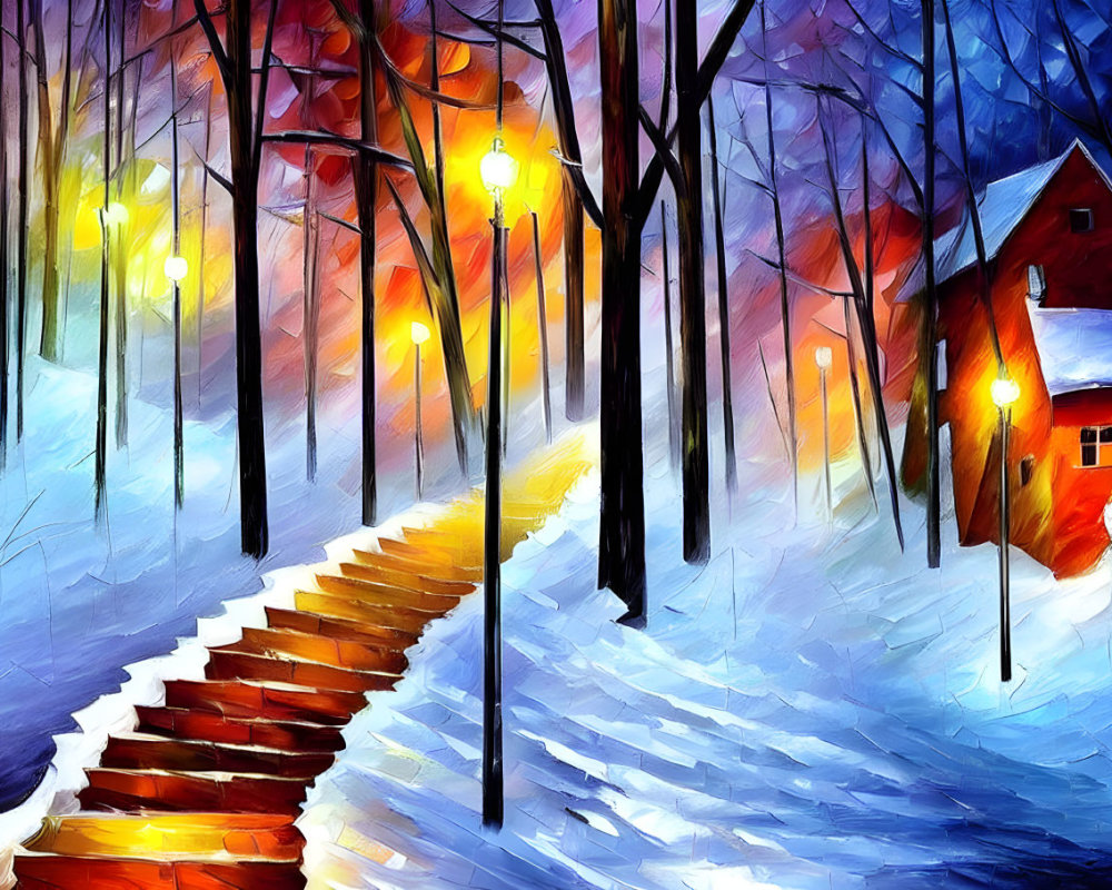 Snowy Scene Painting: Vibrant Winter Landscape with Cozy Red House, Street Lamps, &