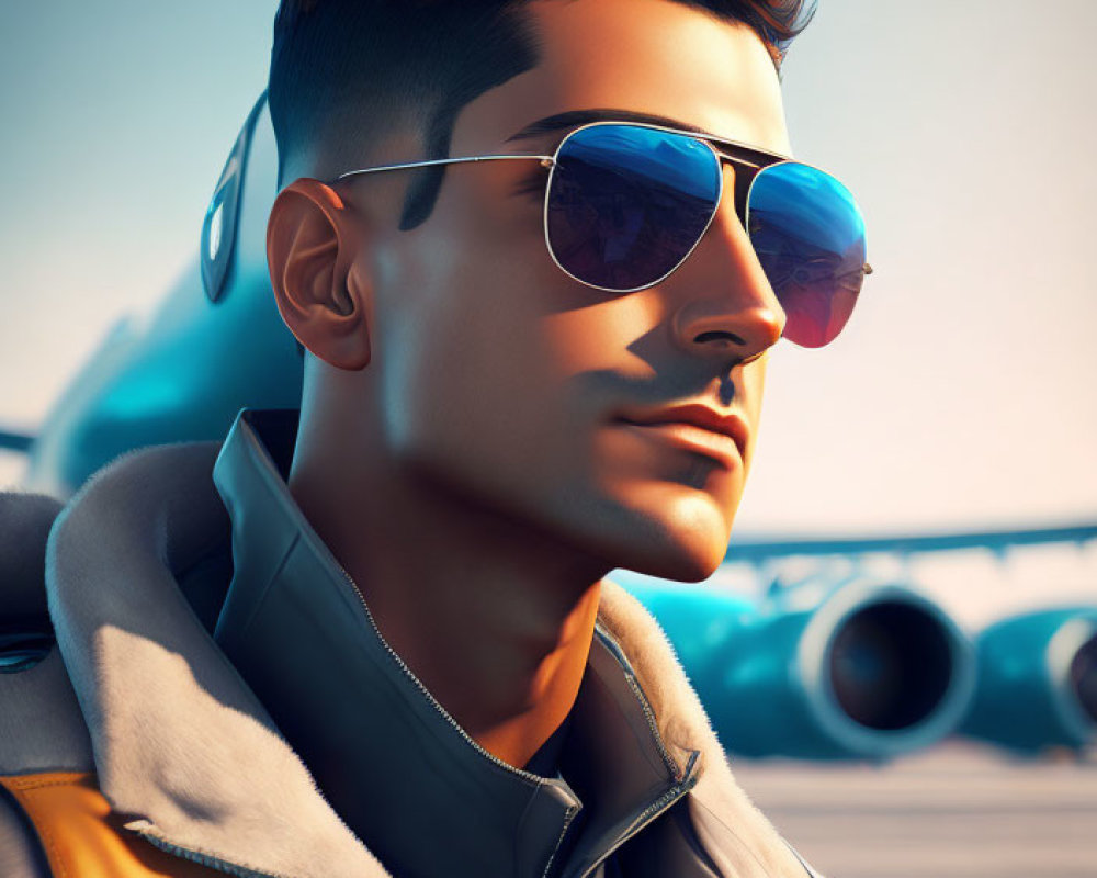 Digital illustration: Man with slicked-back hair, aviator sunglasses, and bomber jacket posing in front