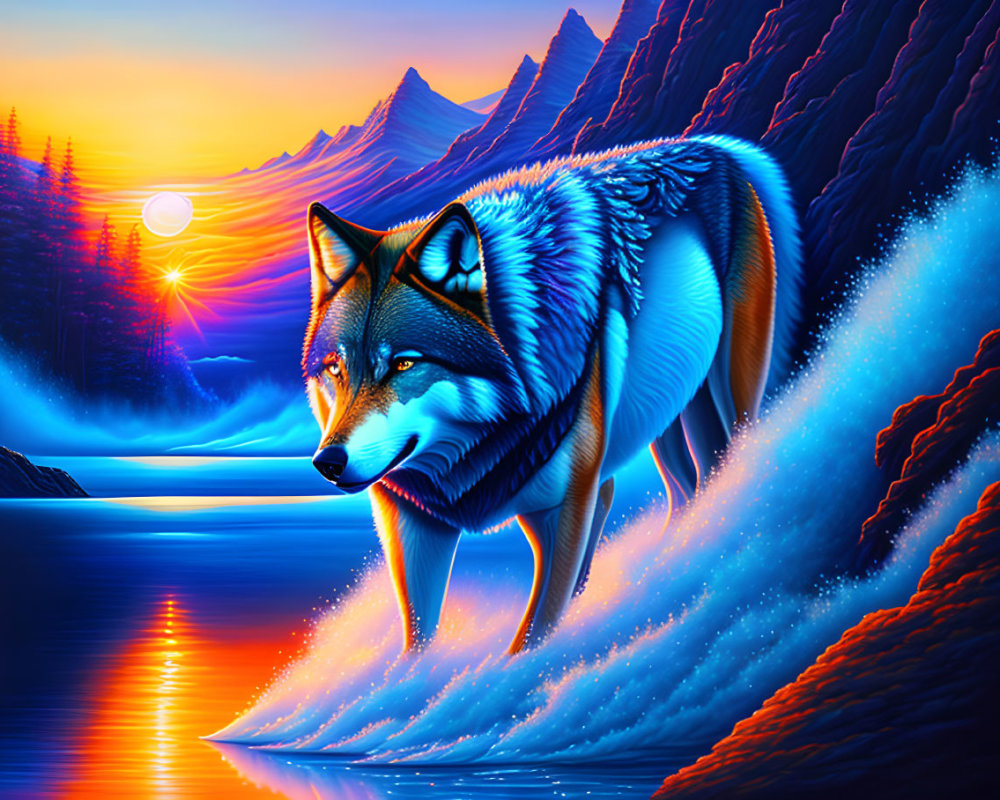 Colorful Wolf Artwork with Neon Blue Fur and Scenic Background