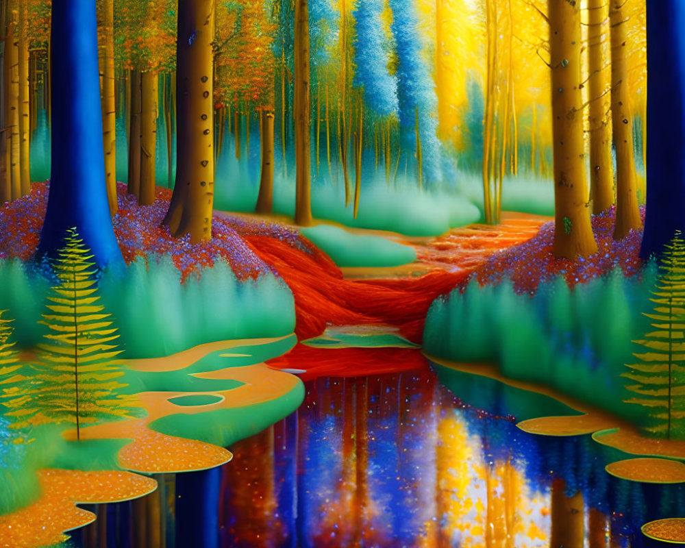 Colorful Golden and Blue Trees in Vibrant Forest with Red Footpath and Lily Pad-Covered