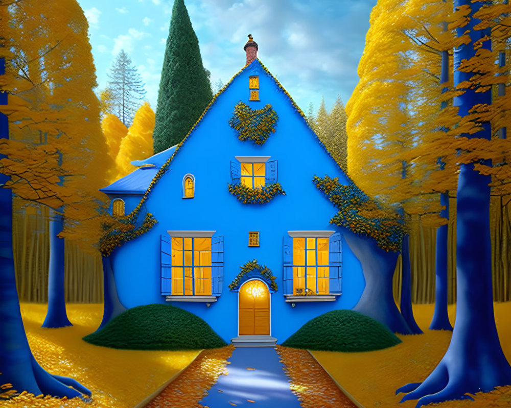 Vibrant blue house with yellow windows in autumn setting