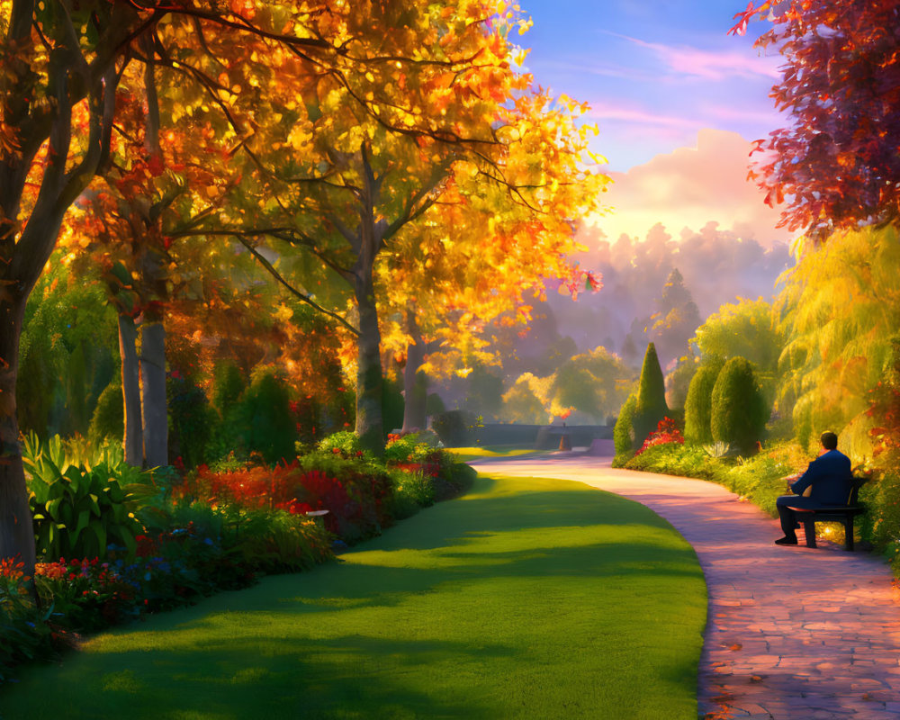 Tranquil Park Scene: Sunset, Autumn Leaves, Person on Bench