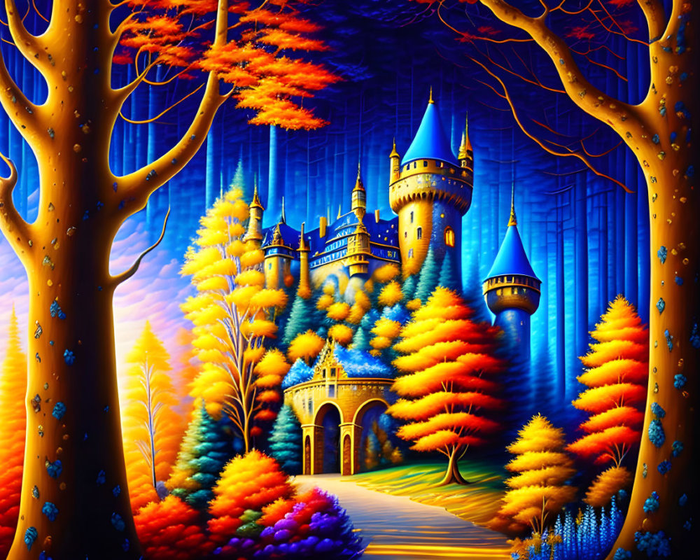 Illustration of fairy-tale castle in autumnal setting